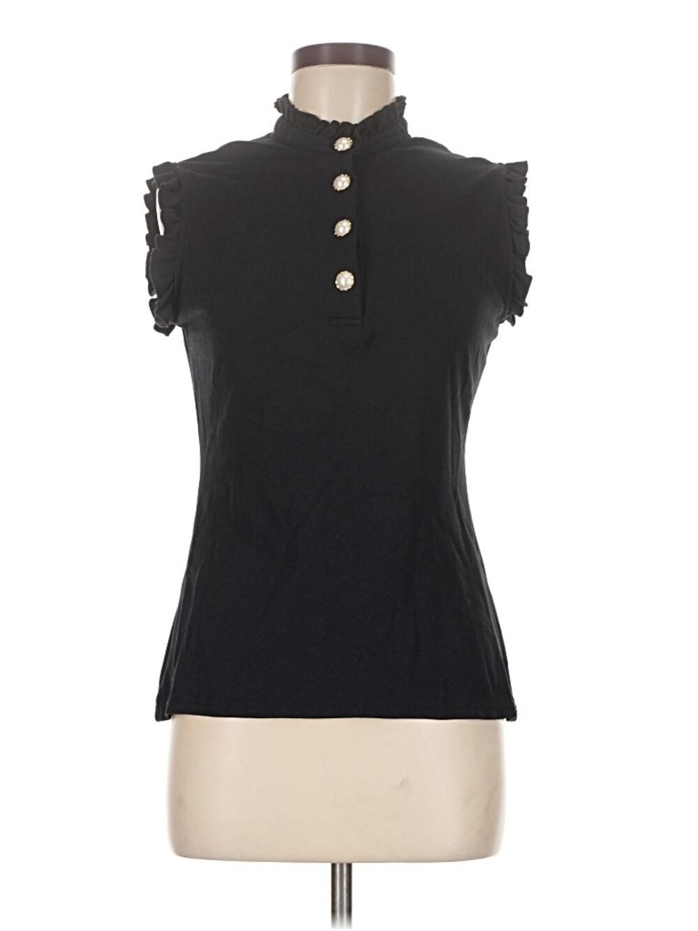 Veronica Virta Sleeveless Pearl Top Ruffle Collar & Sleeves Frilly Black Medium